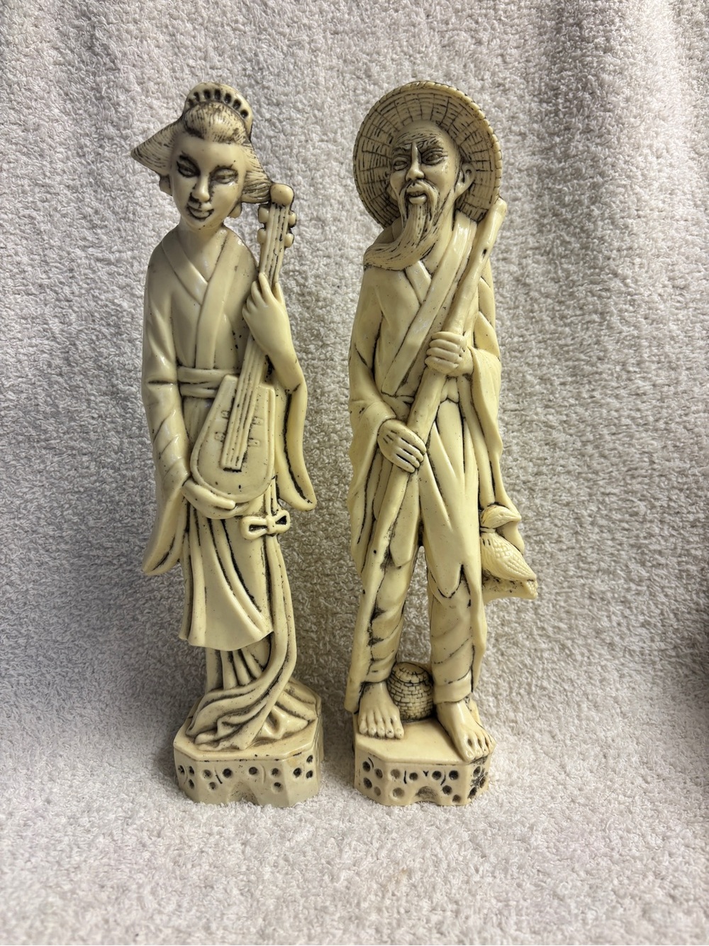 Vintage Chinese figurines of a man and woman 
Carved faux Ivory Oriental HomeArt